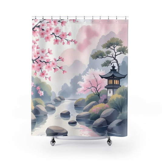 Zen Cherry Blossom Shower Curtain — Japanese Garden Bath Decor