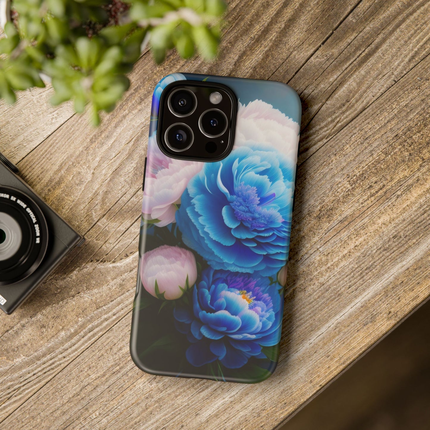 Floral Blue Peony Phone Case — Protective Tough Case with Pink & Blue Blooms