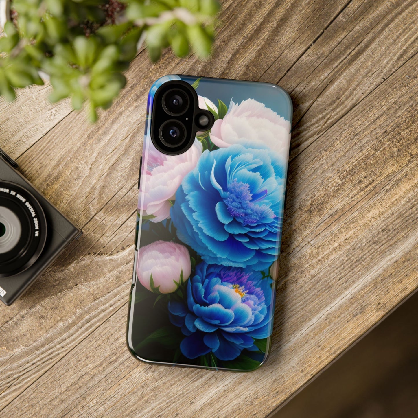 Floral Blue Peony Phone Case — Protective Tough Case with Pink & Blue Blooms