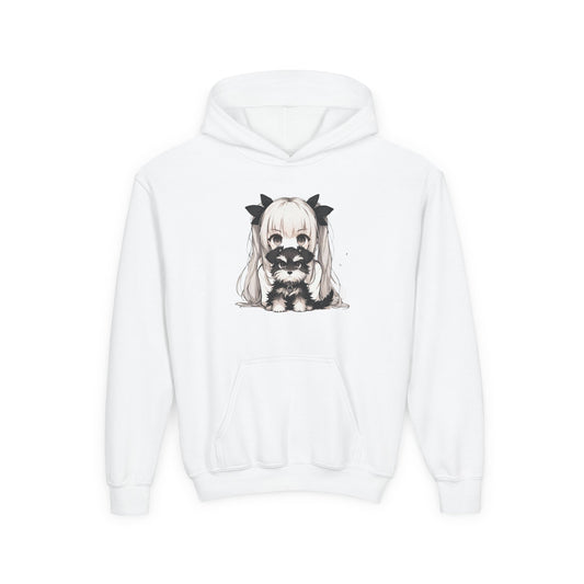 Cute Anime Girl & Puppy Youth Hoodie — Kawaii Kids Pullover for Anime Fans