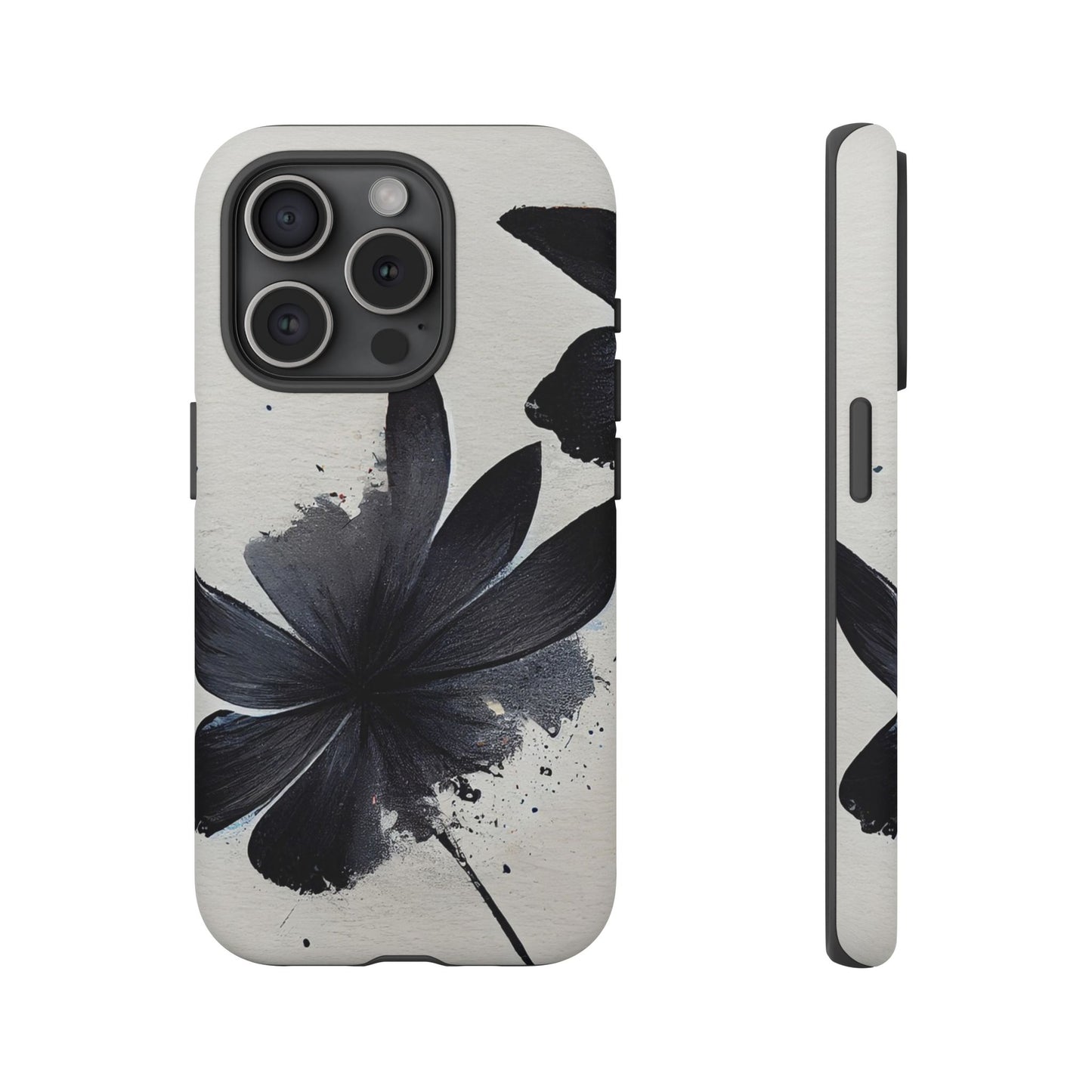 Monochrome Floral Tough Phone Case — Black Ink Flower Protective Cover