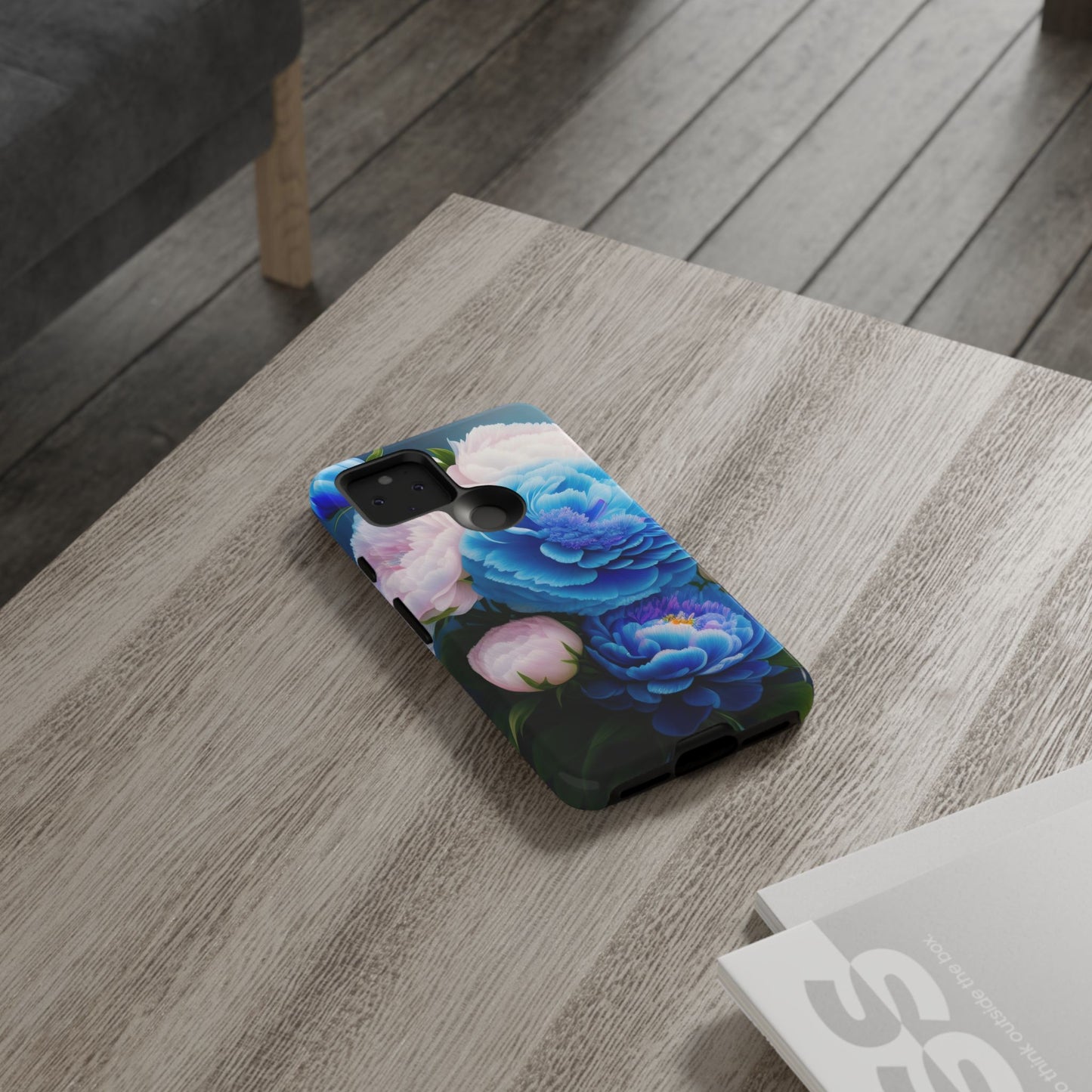 Floral Blue Peony Phone Case — Protective Tough Case with Pink & Blue Blooms
