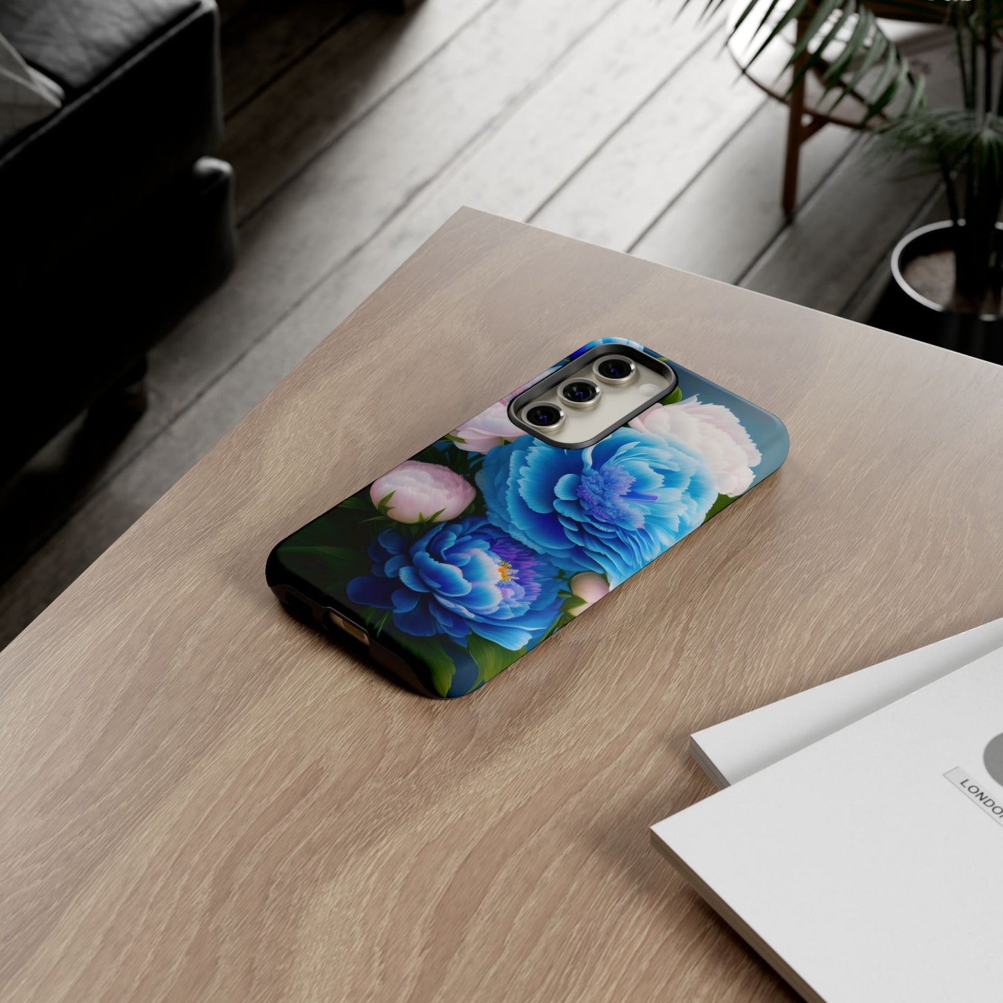 Floral Blue Peony Phone Case — Protective Tough Case with Pink & Blue Blooms