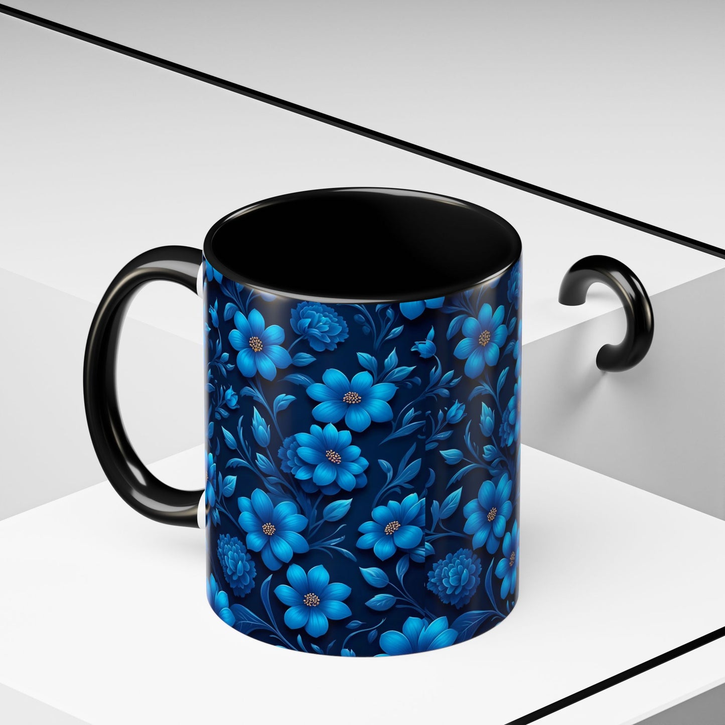 Floral Accent Coffee Mug, Blue Flower Mug, Ceramic Coffee Cup, Gift for Her, Nature-Themed Drinkware, Floral Home Decor, Unique Mug