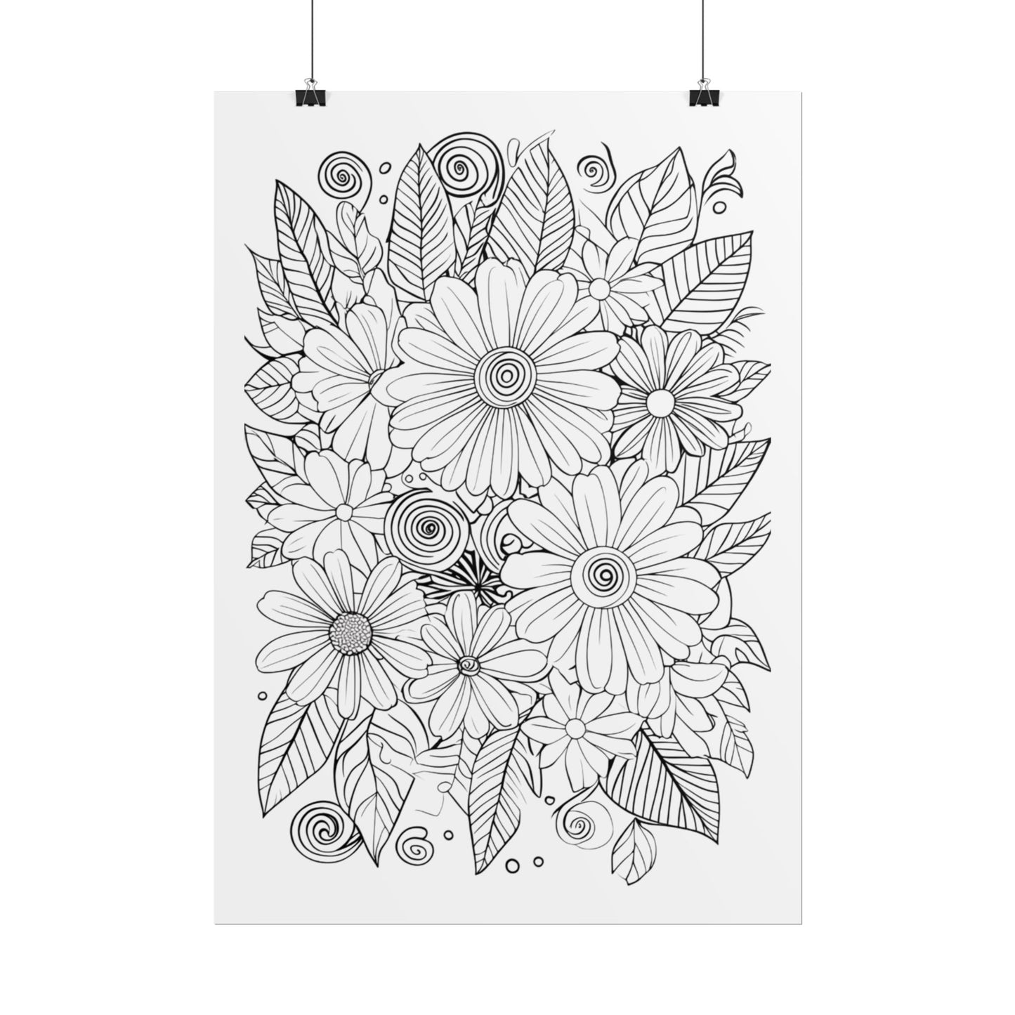 Floral Coloring Poster — Rolled Black & White Doodle Print for Adults, DIY Wall Art