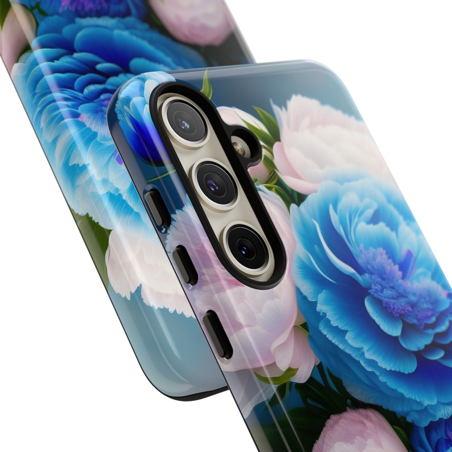 Floral Blue Peony Phone Case — Protective Tough Case with Pink & Blue Blooms