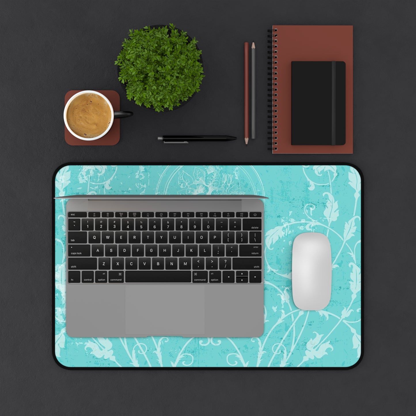 Turquoise Vintage Flourish Desk Mat — Floral Mouse Pad Surface