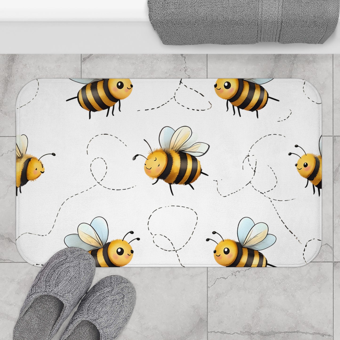 Buzzing Bees Bath Mat White and Yellow