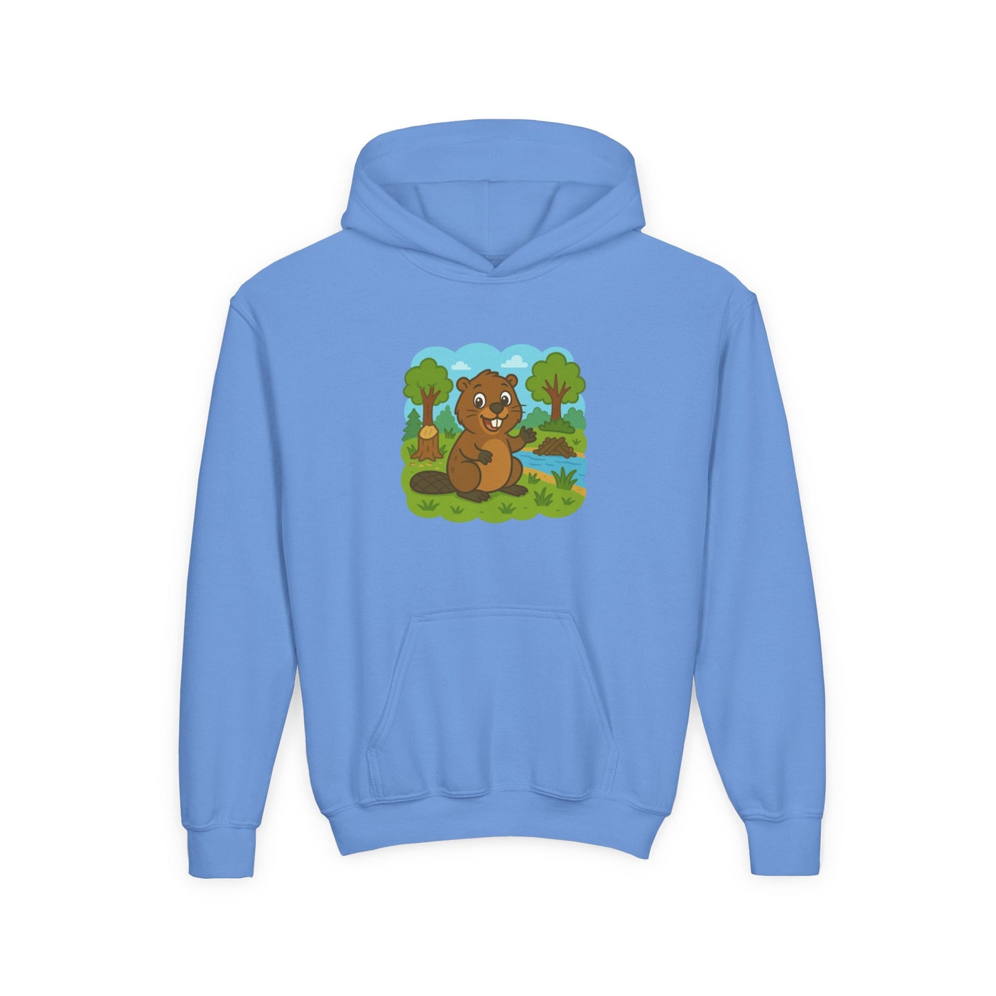Cartoon Beaver Forest Scene Youth Hoodie | Woodland Animal Kids Sweatshirt
