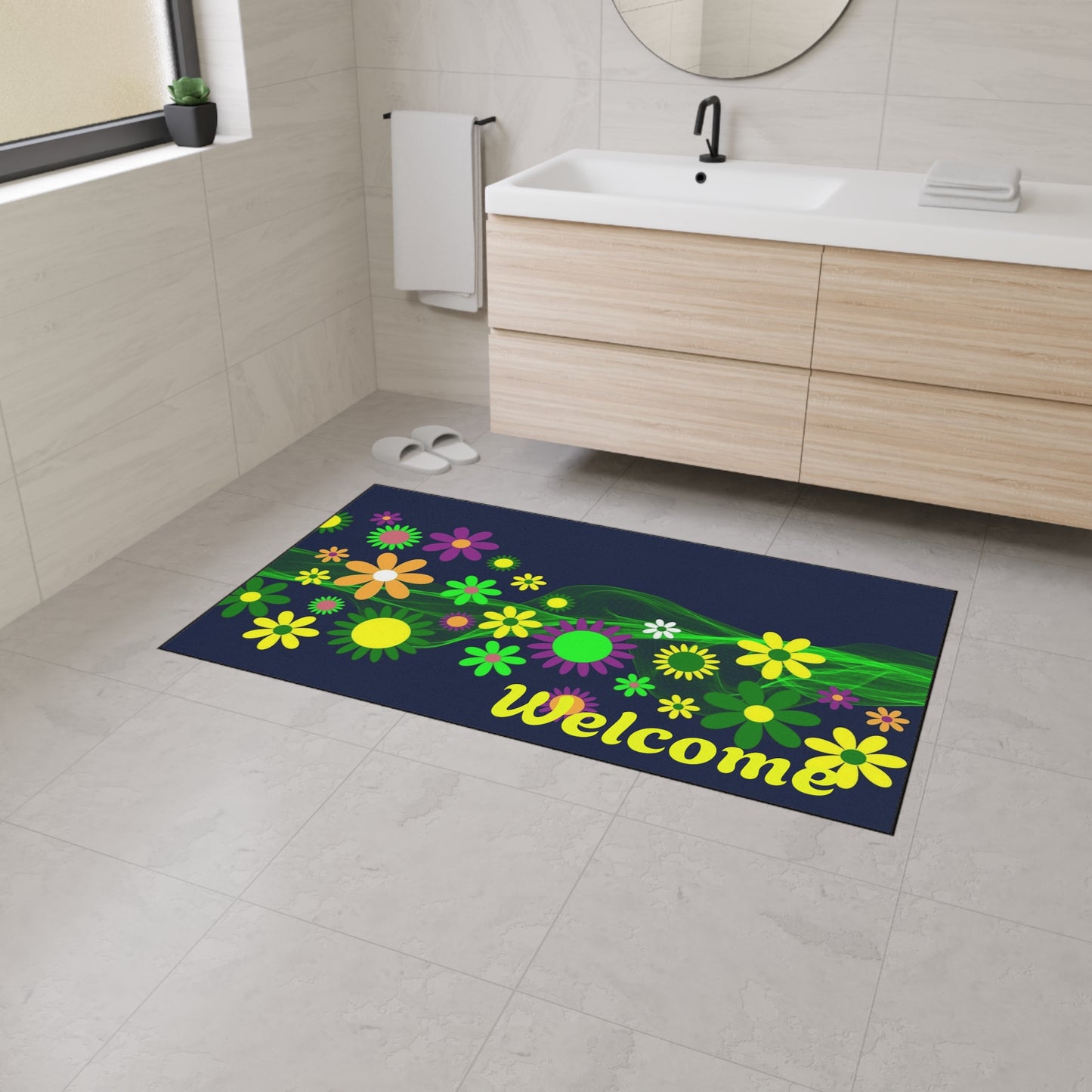 Welcome Floral Heavy-Duty Floor Mat — Colorful Spring Flowers Door Mat