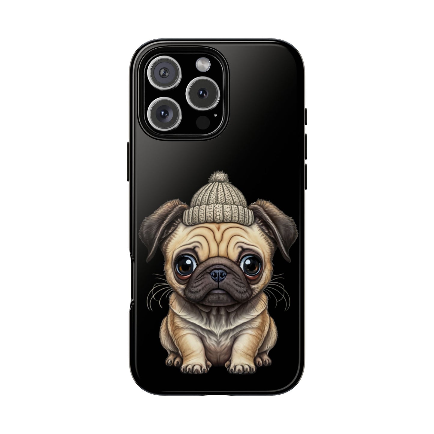 Pug Phone Case – Cute Pug Puppy Illustration on Black Tough Case