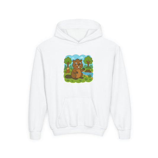 Cartoon Beaver Forest Scene Youth Hoodie | Woodland Animal Kids Sweatshirt