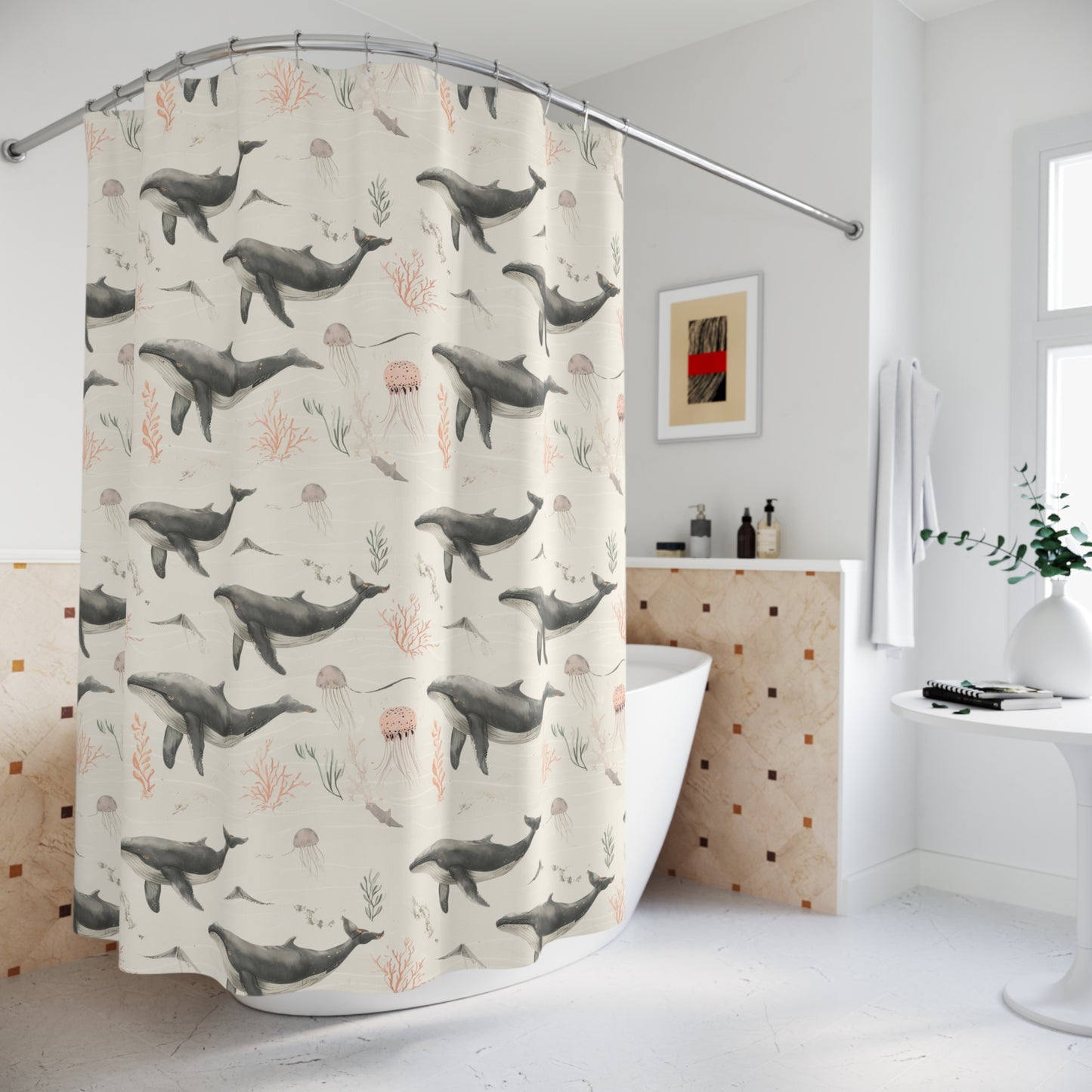 Whale Watercolor Shower Curtain — Nautical Ocean Life Bathroom Decor
