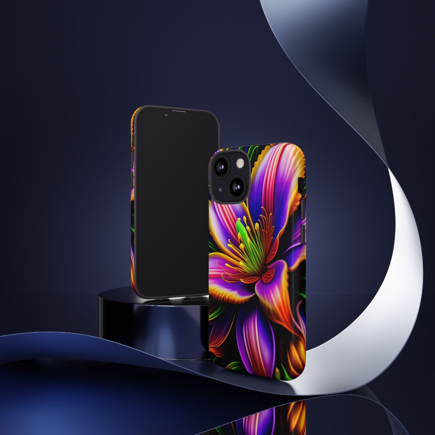 Floral Neon Tough Phone Case — Vivid Purple & Orange Lily Protective Cover