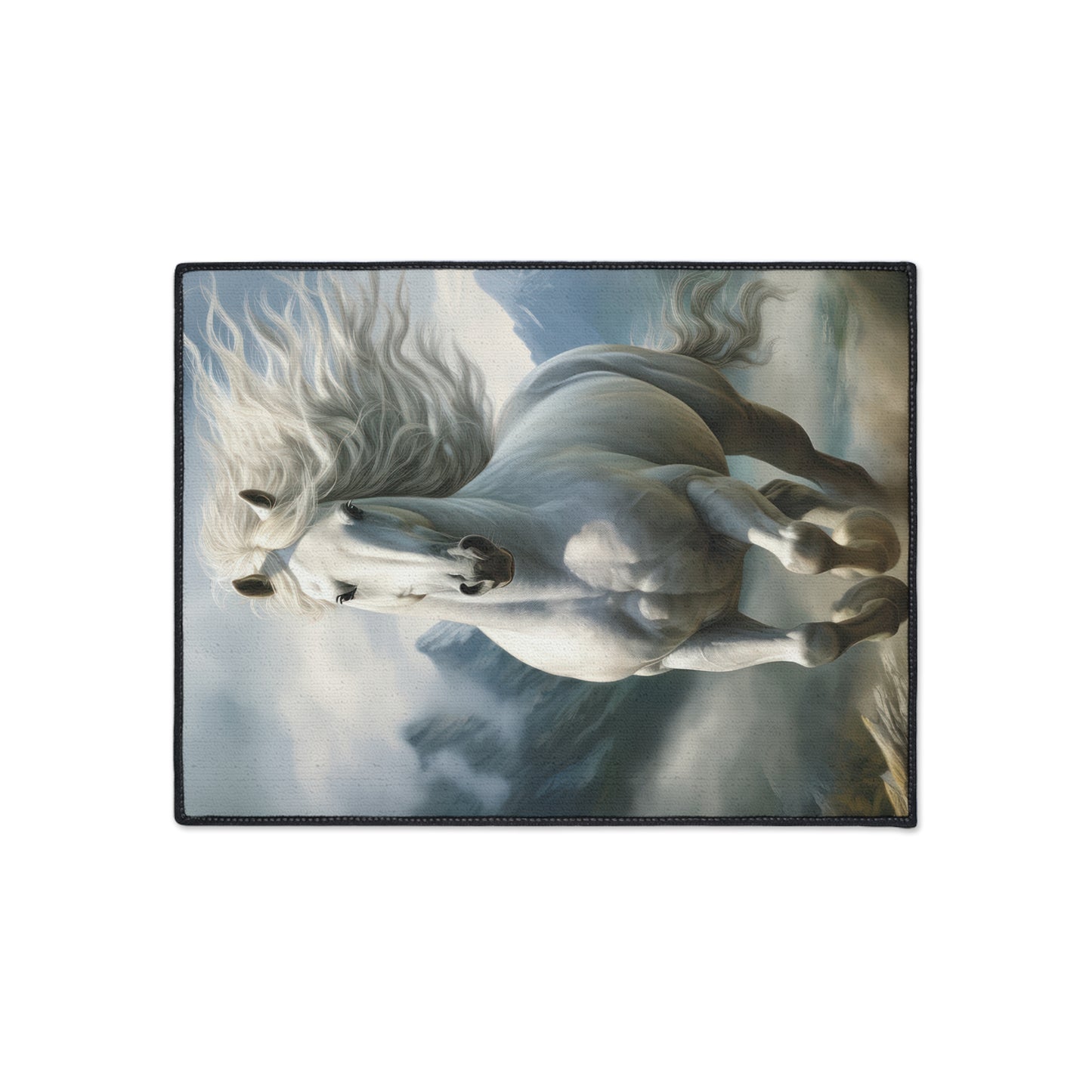 Majestic White Horse Heavy-Duty Floor Mat — Running Stallion Rug for Entryway & Stable
