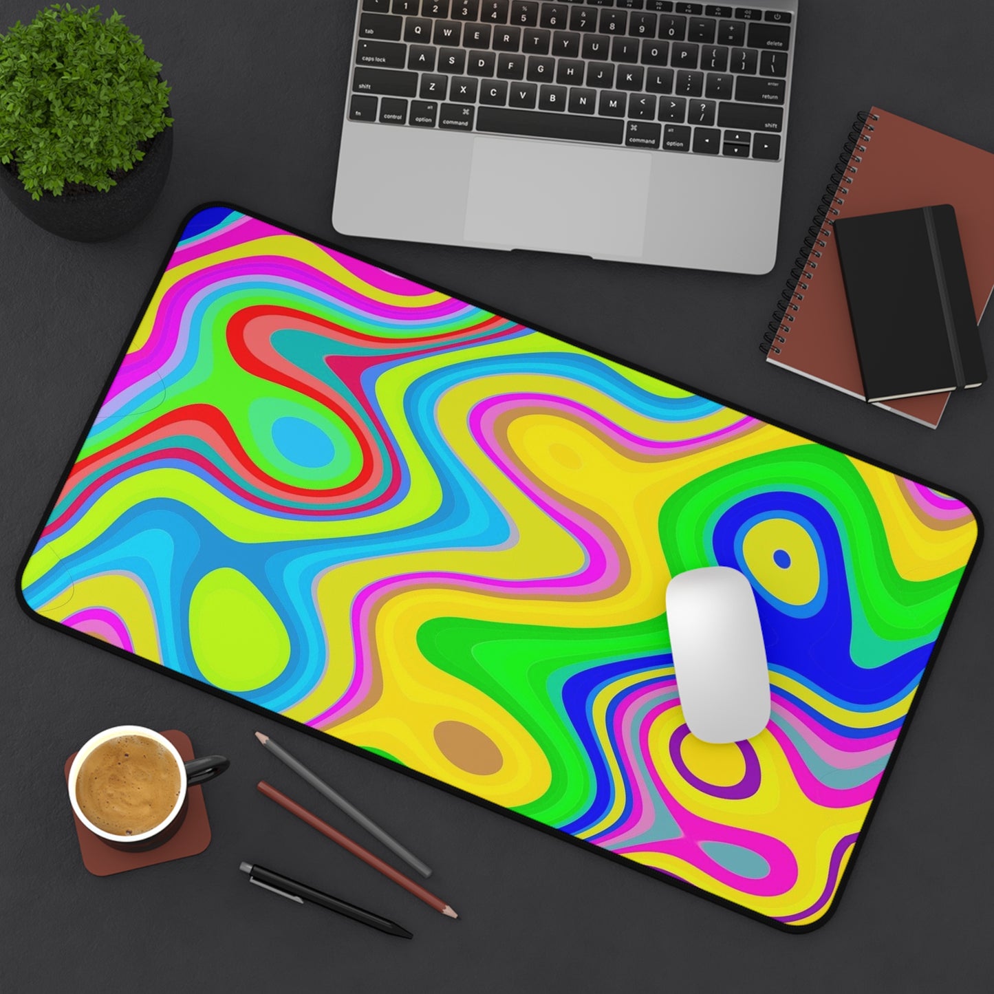 Psychedelic Swirl Desk Mat — Bright Retro Abstract Mouse Pad