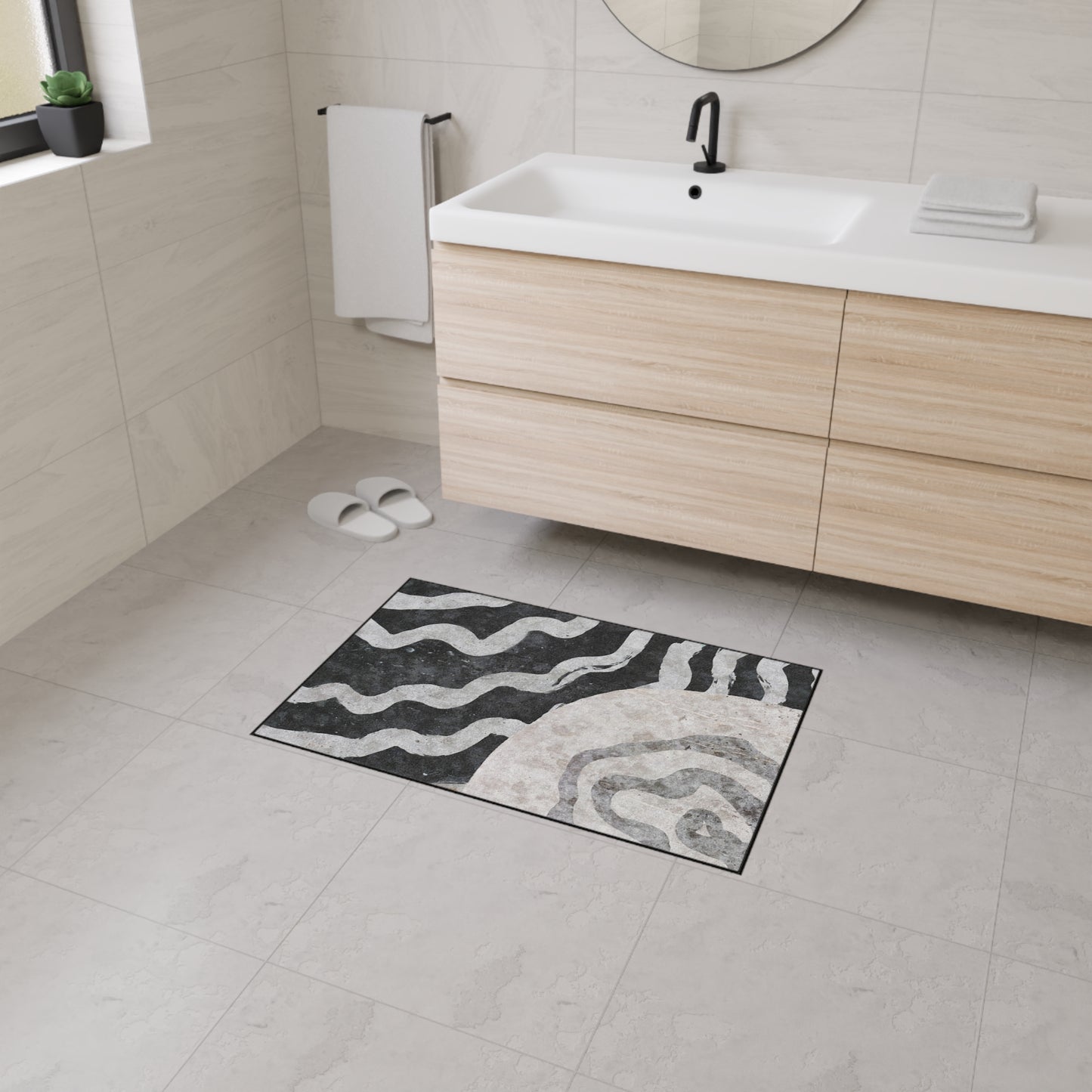 Abstract Black & Gray Heavy Duty Floor Mat — Modern Wave Rug for Entryway, Kitchen, or Office