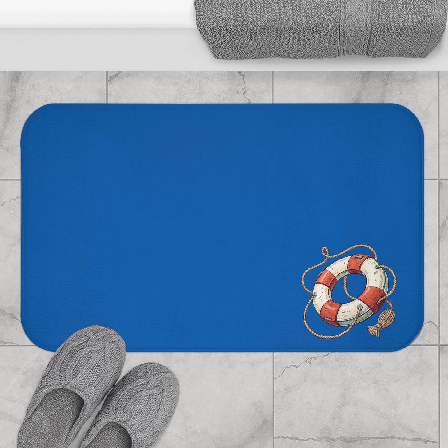 Nautical-Themed Bath Mat, Coastal Bathroom Decor, Blue Bath Rug, Lifesaver Design, Beach House Accessories