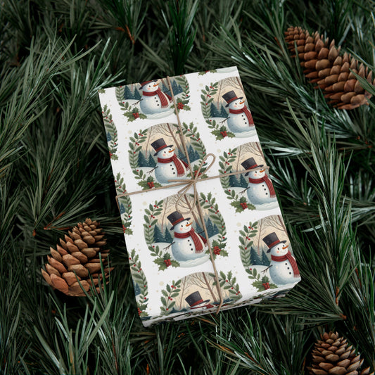 Gift Wrap Paper — Vintage Snowman Wreath Pattern (Holiday Wrapping Sheets)