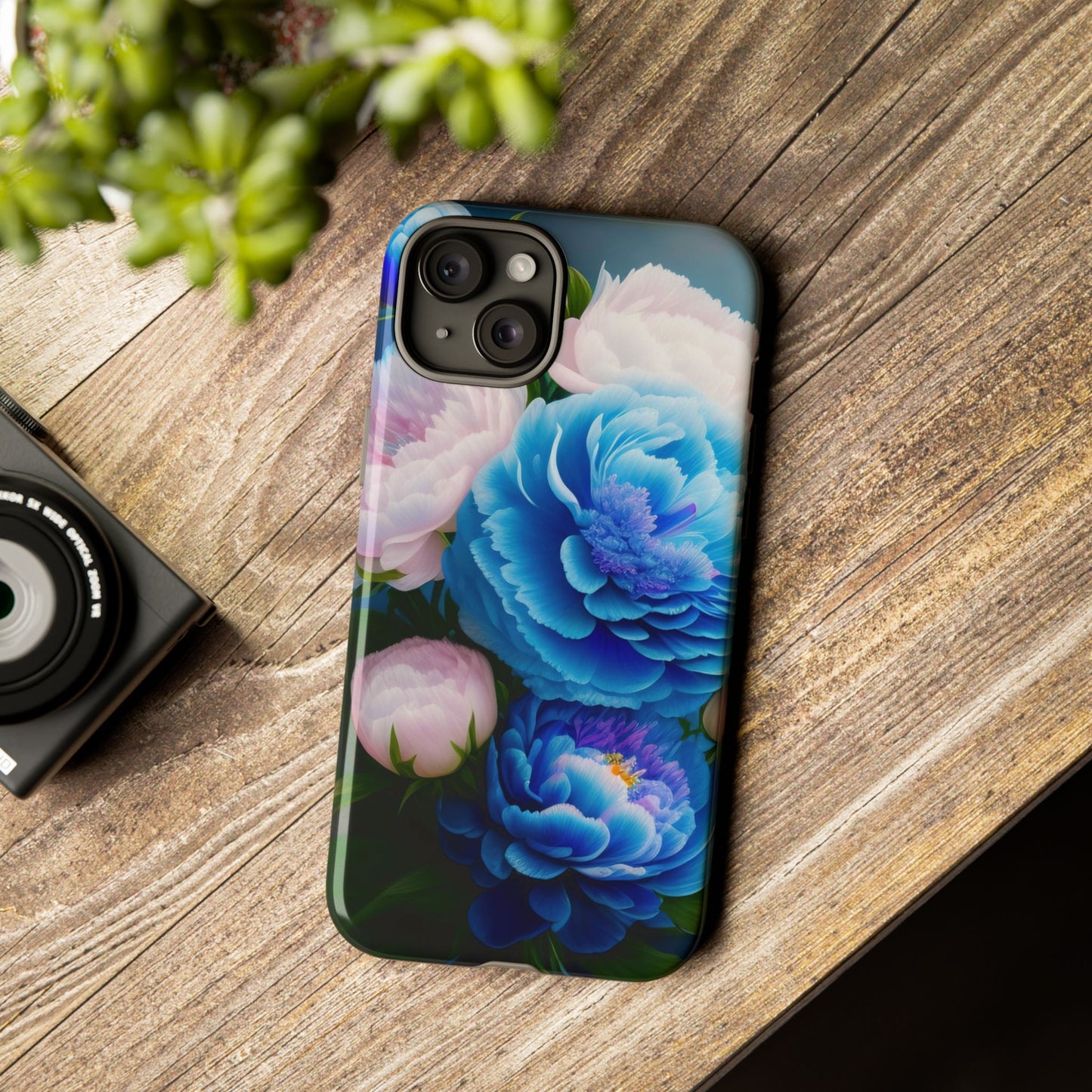 Floral Blue Peony Phone Case — Protective Tough Case with Pink & Blue Blooms