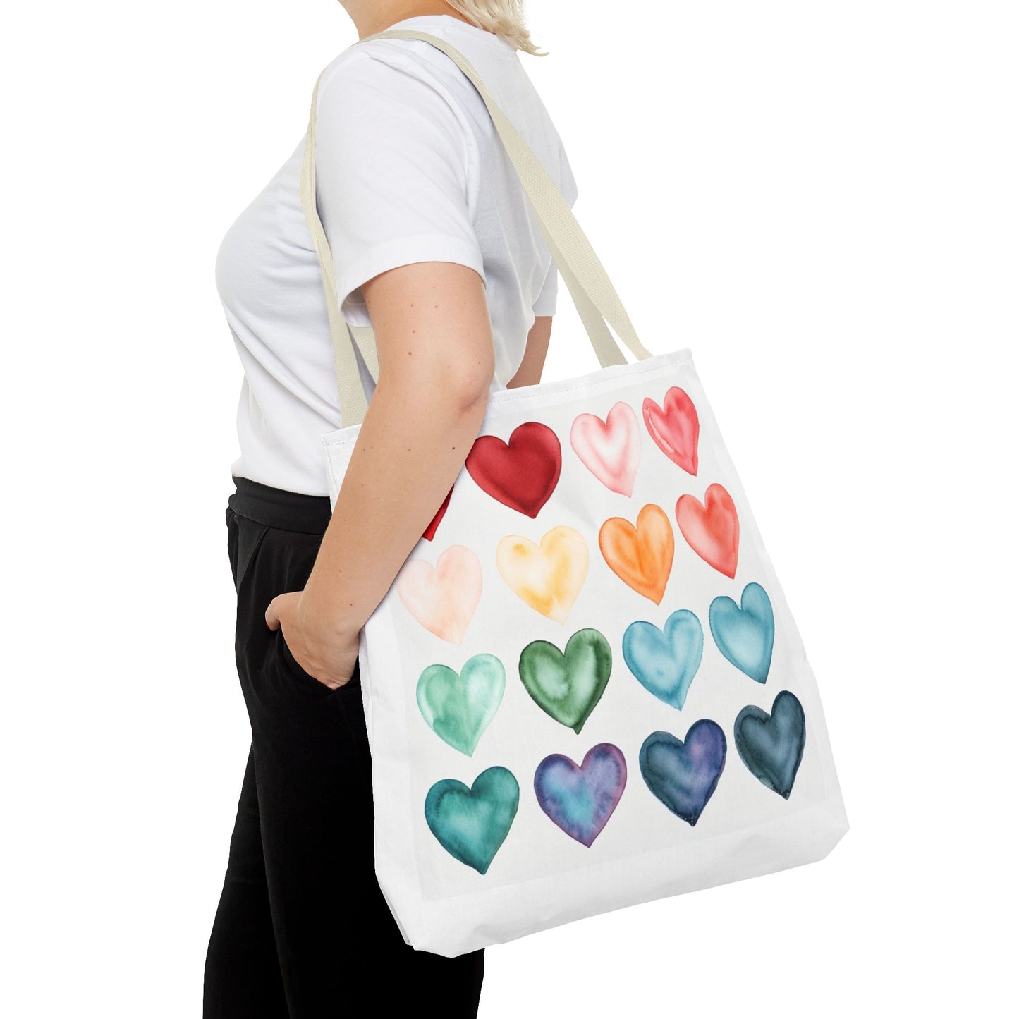 Watercolor Rainbow Hearts Tote Bag — Colorful Heart Pattern Beach & Market Tote