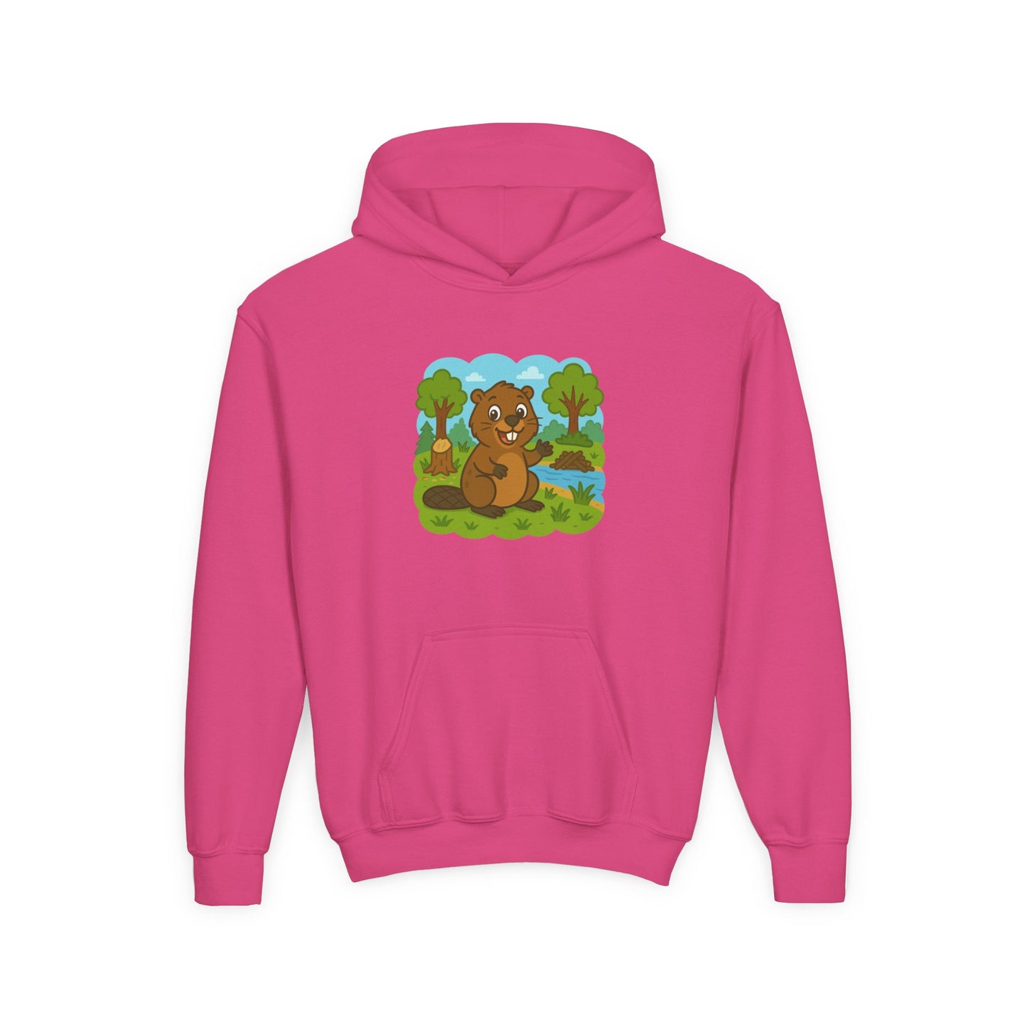 Cartoon Beaver Forest Scene Youth Hoodie | Woodland Animal Kids Sweatshirt