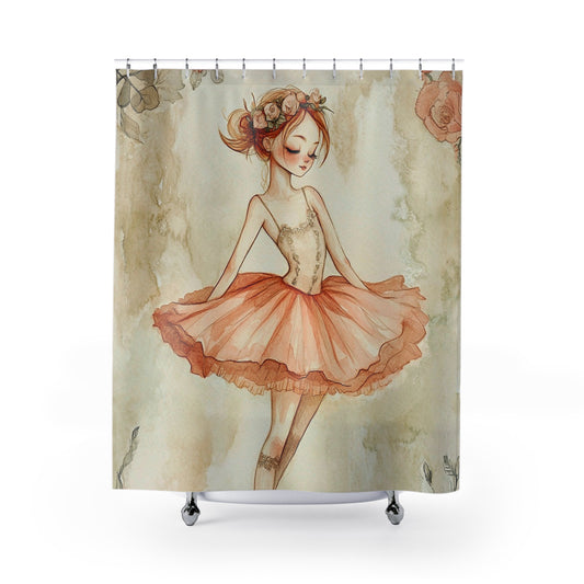 Ballerina Art Shower Curtain — Vintage Floral Dancing Girl Bathroom Decor