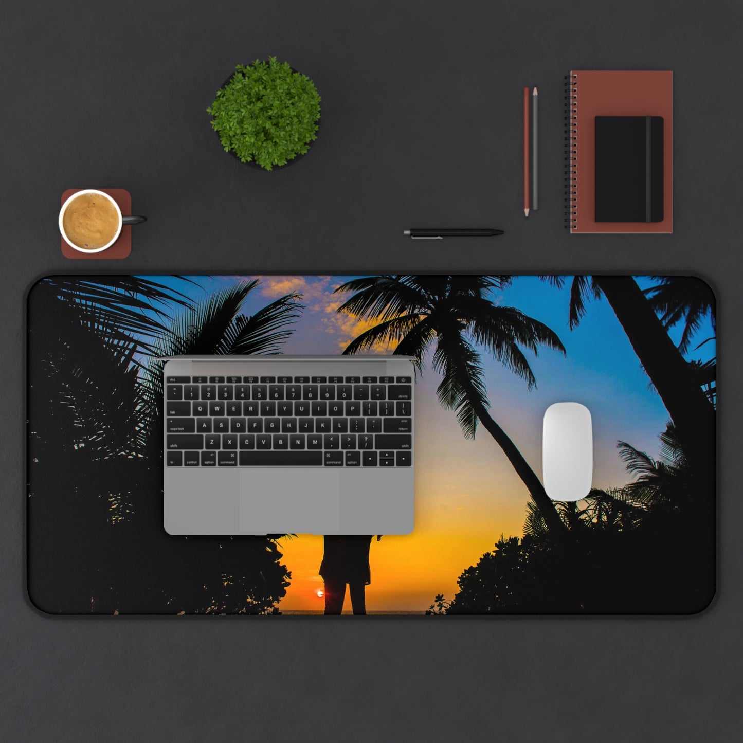 Sunset Beach Romance Desk Mat — Tropical Couple Silhouette Mouse Pad