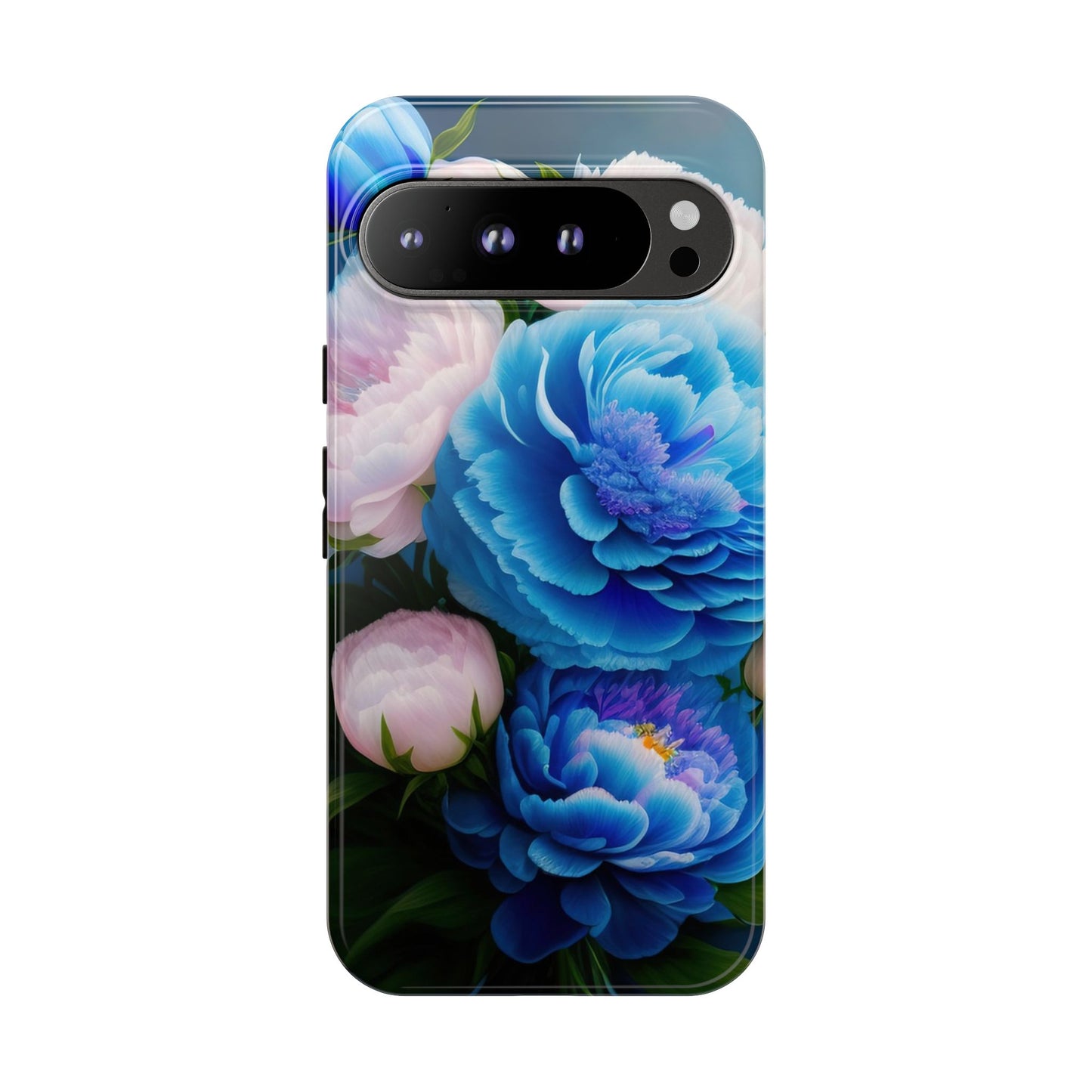Floral Blue Peony Phone Case — Protective Tough Case with Pink & Blue Blooms