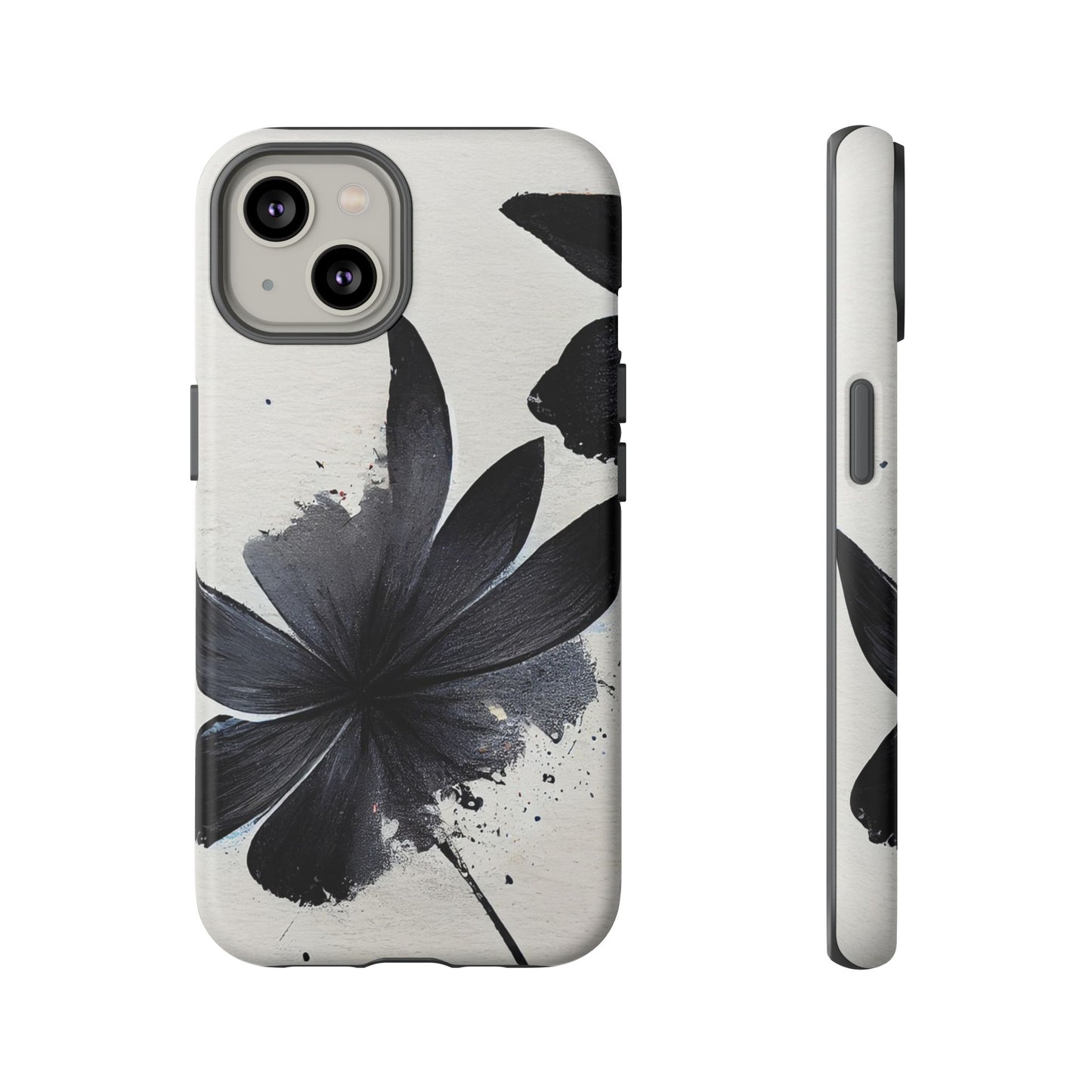Monochrome Floral Tough Phone Case — Black Ink Flower Protective Cover