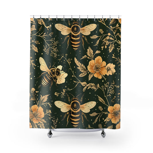Vintage Bee Shower Curtain, Floral Bathroom Decor