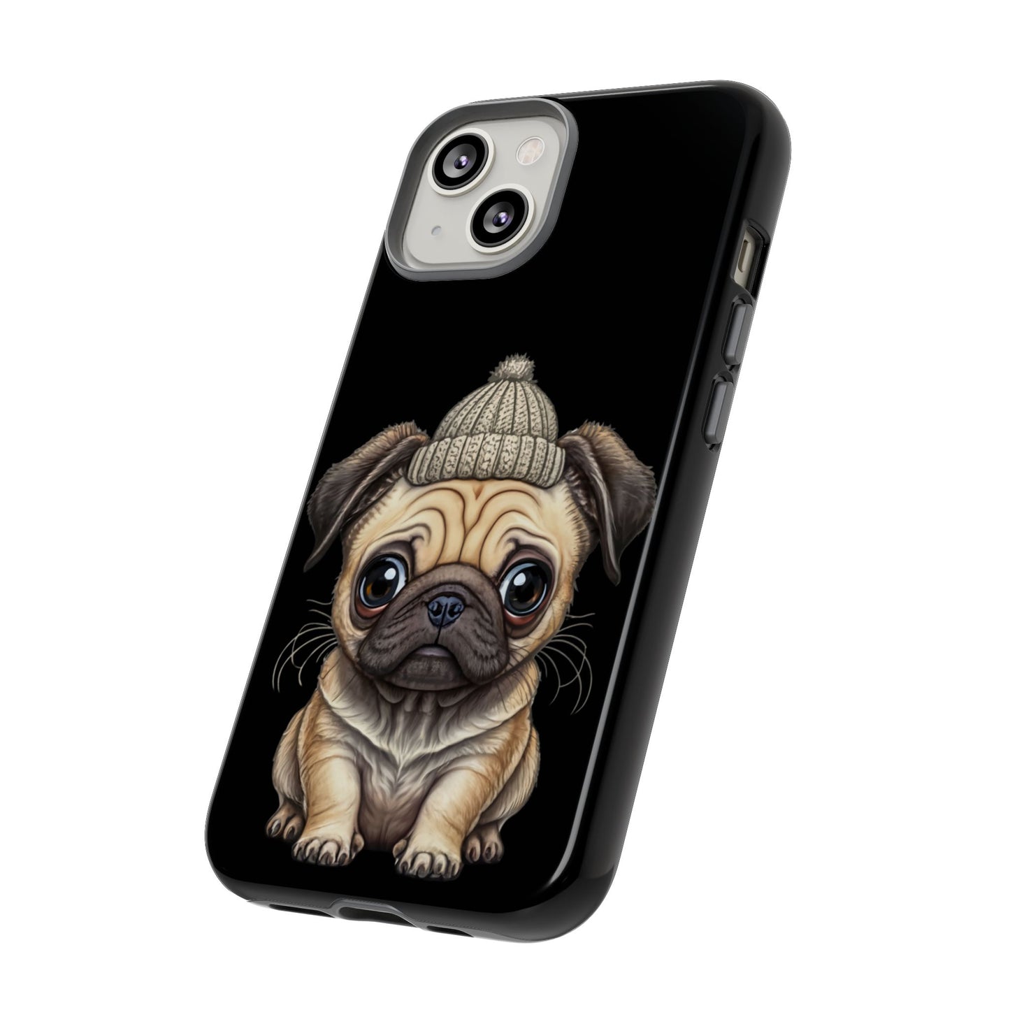 Pug Phone Case – Cute Pug Puppy Illustration on Black Tough Case