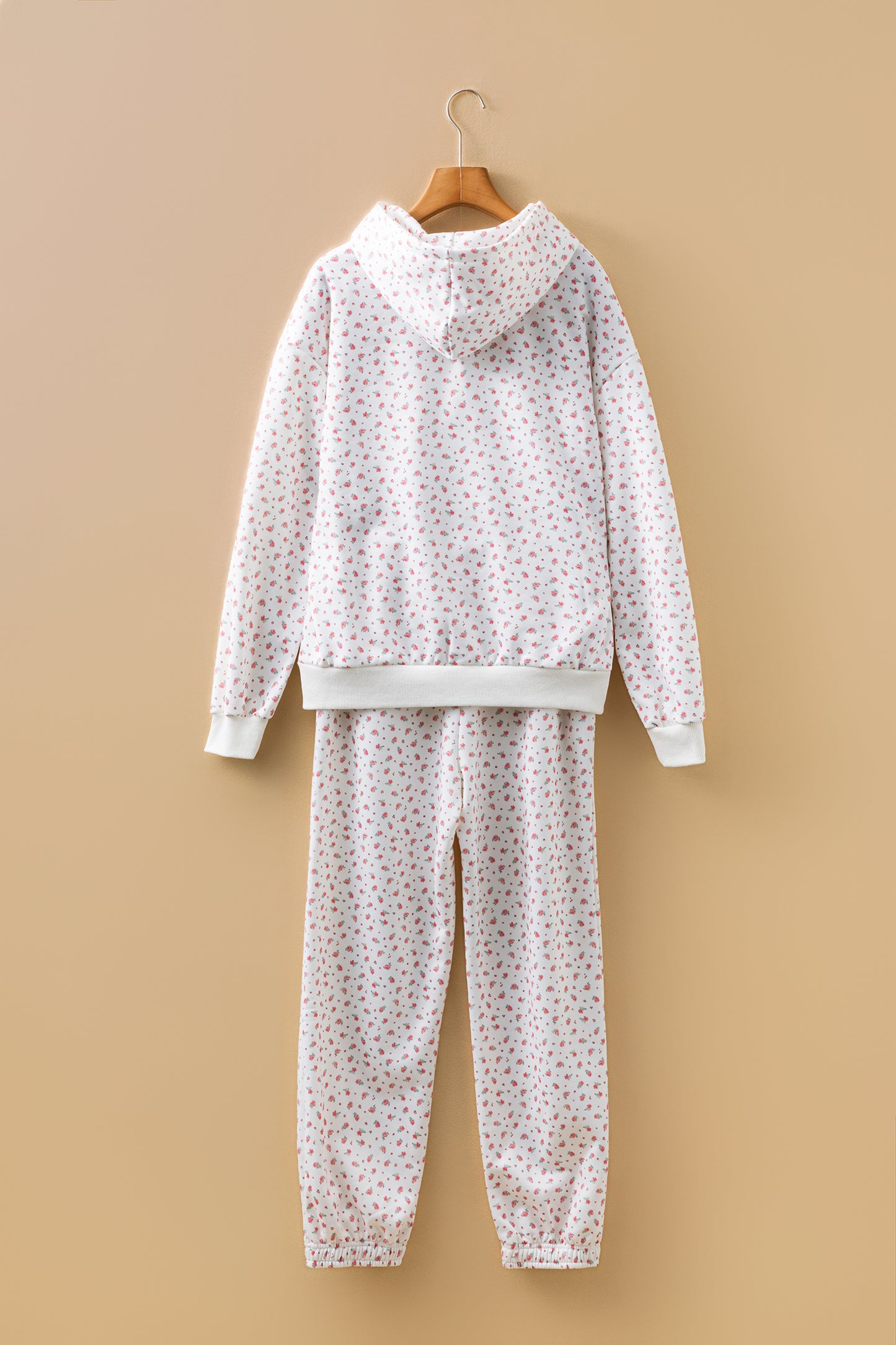 Pink Floral Print Kangaroo Pocket Hoodie Sheath Sweatpants Set