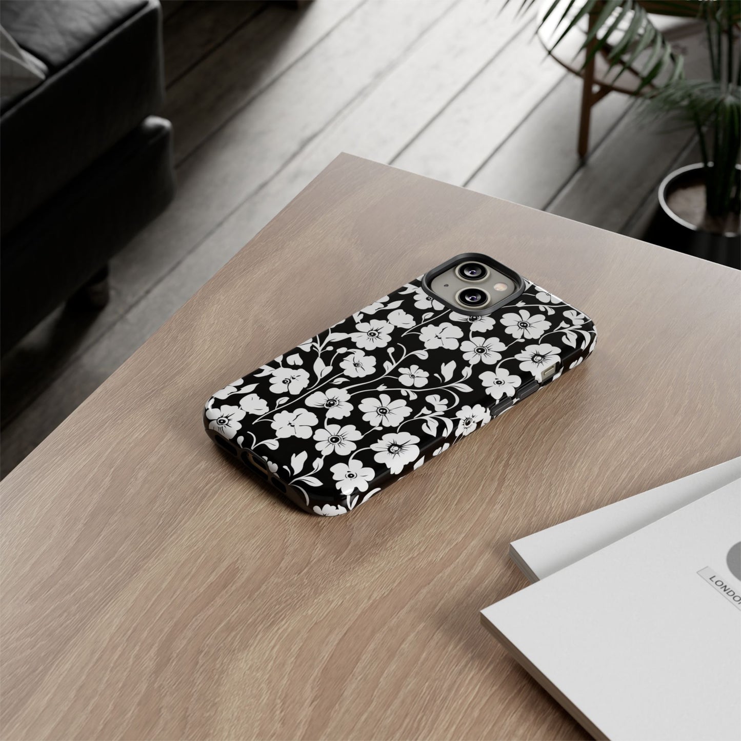Floral Noir Tough Phone Case — Black & White Flower Protective Cover