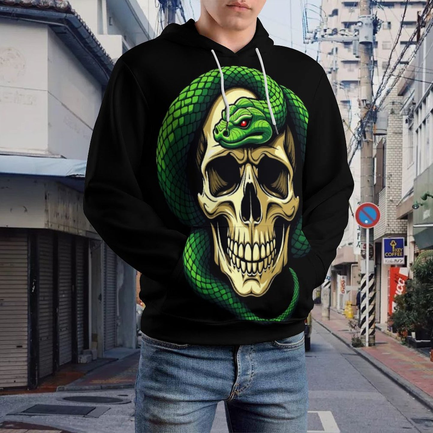 Men's Cool Hoodie with Double-layer Cap - Skull and Snake