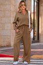Coffee Solid Color V Neck Top and High Waist Pants Set