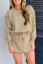 Brown Stripe Textured Drop Shoulder Pullover Top Drawstring Mini Skort Two Piece Dress Set