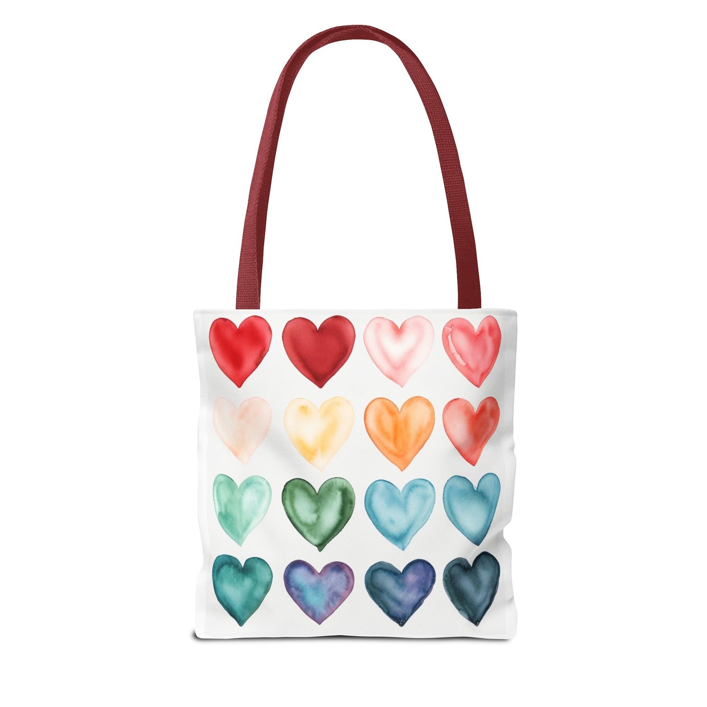Watercolor Rainbow Hearts Tote Bag — Colorful Heart Pattern Beach & Market Tote