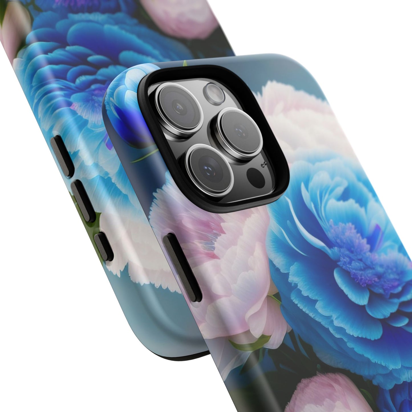 Floral Blue Peony Phone Case — Protective Tough Case with Pink & Blue Blooms