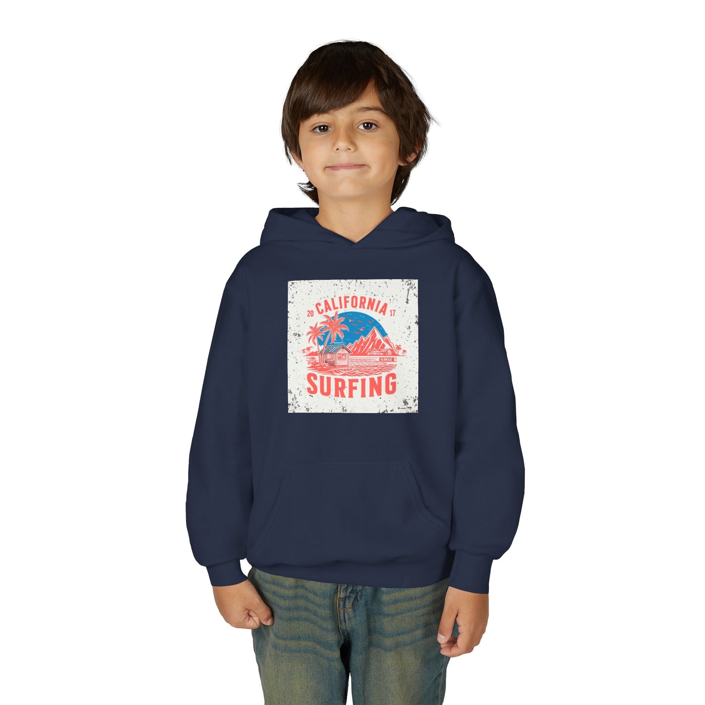 California Surfing Youth Hoodie — Retro Beach Palm Tree Surf Graphic