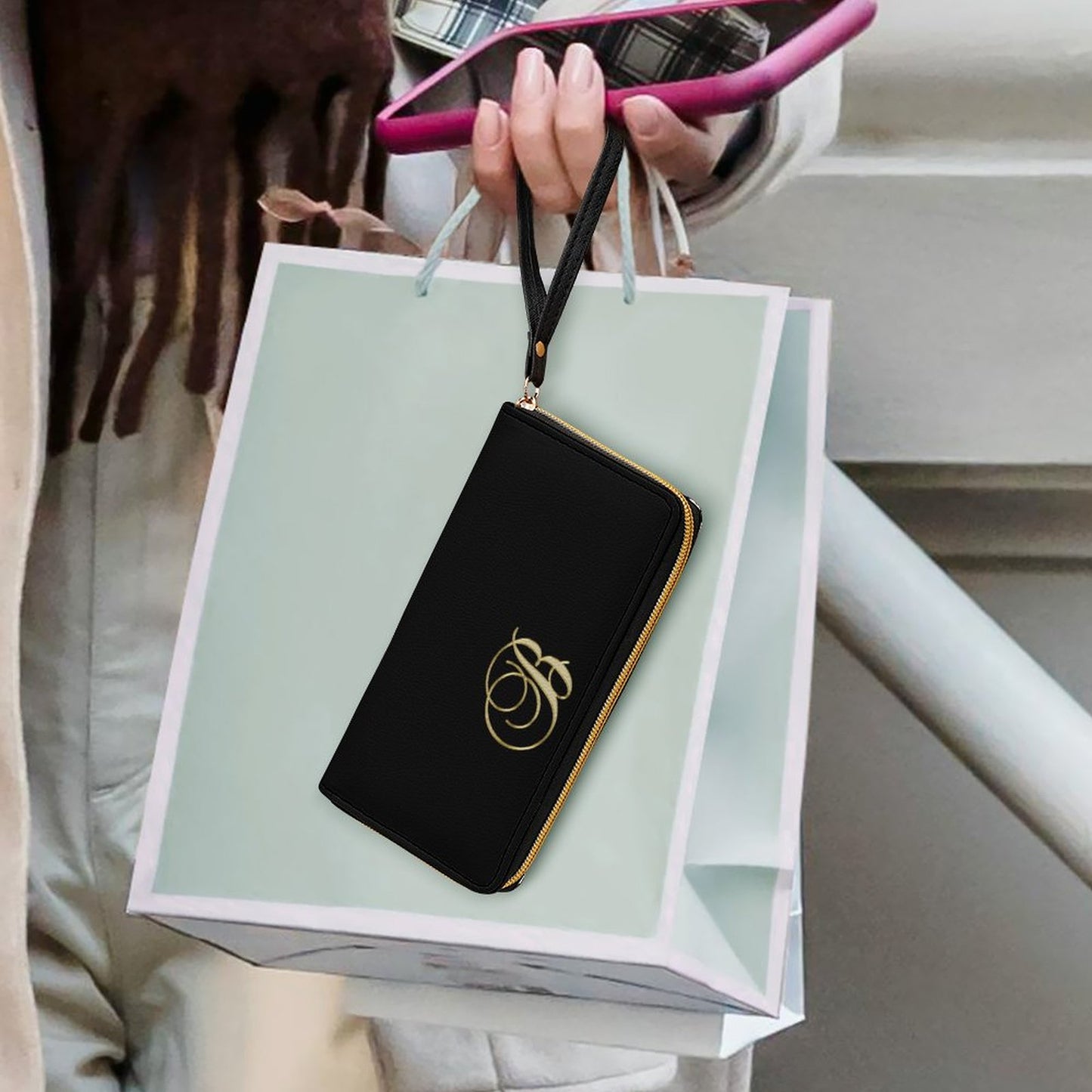 Leather Wallet with Wristlet Strap - Letter B