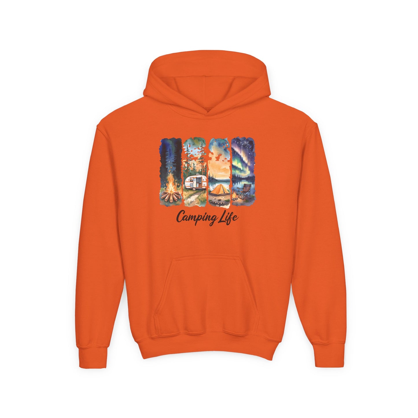 Youth Camping Life Hoodie — Scenic Campfire, Tent & Camper Pullover