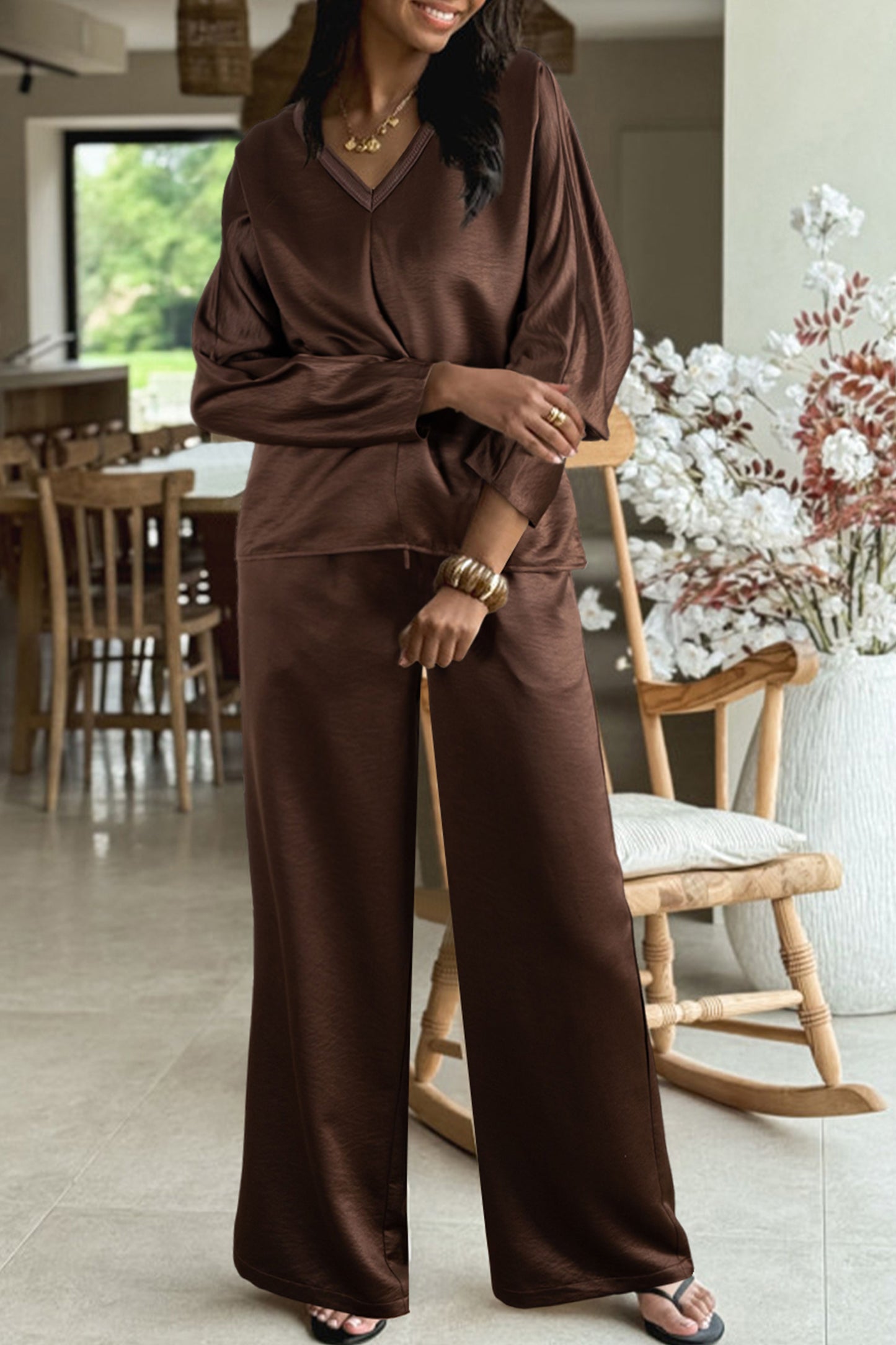 Dark Brown Braided V Neck Long Sleeve Loose Top and Drawstring High Waist Pants 2pcs Outfit