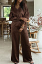 Dark Brown Braided V Neck Long Sleeve Loose Top and Drawstring High Waist Pants 2pcs Outfit