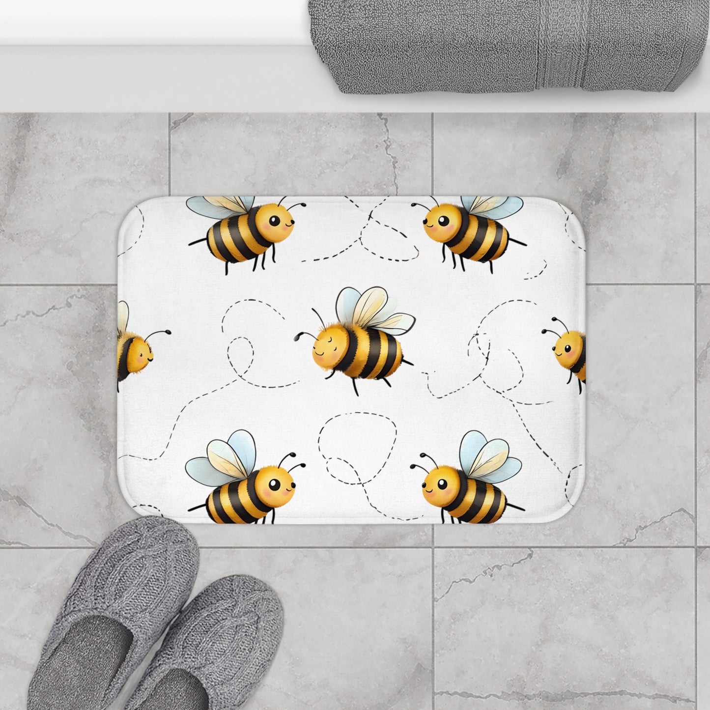 Buzzing Bees Bath Mat White and Yellow