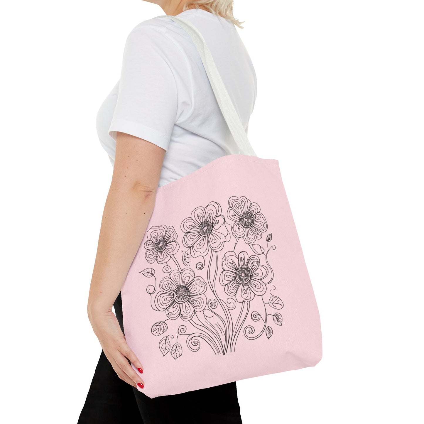 Floral Doodle Pink Tote Bag — Hand-Drawn Flower Design