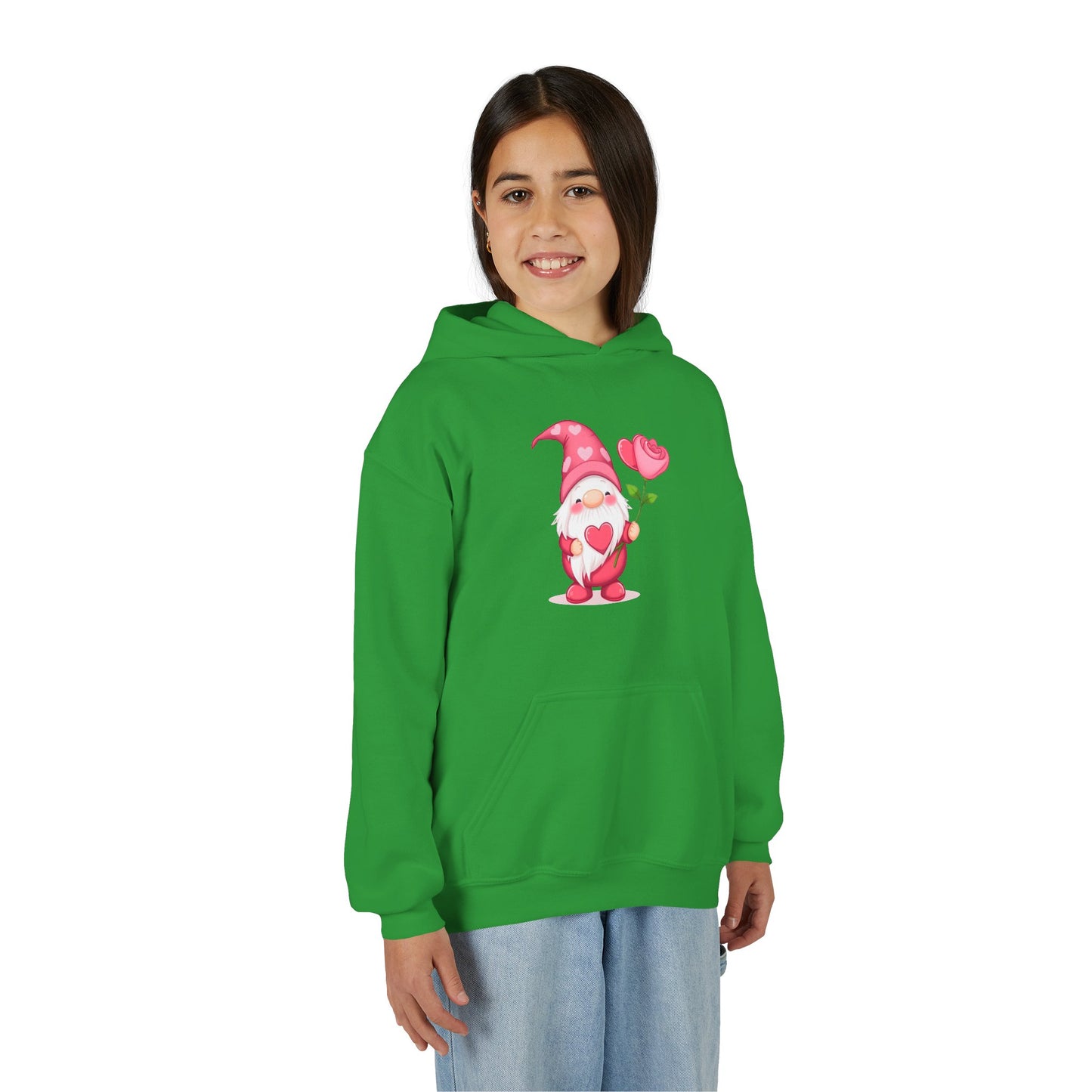 Valentine Gnome Kids Hoodie — Cute Pink Gnome Holding Rose Youth Sweatshirt
