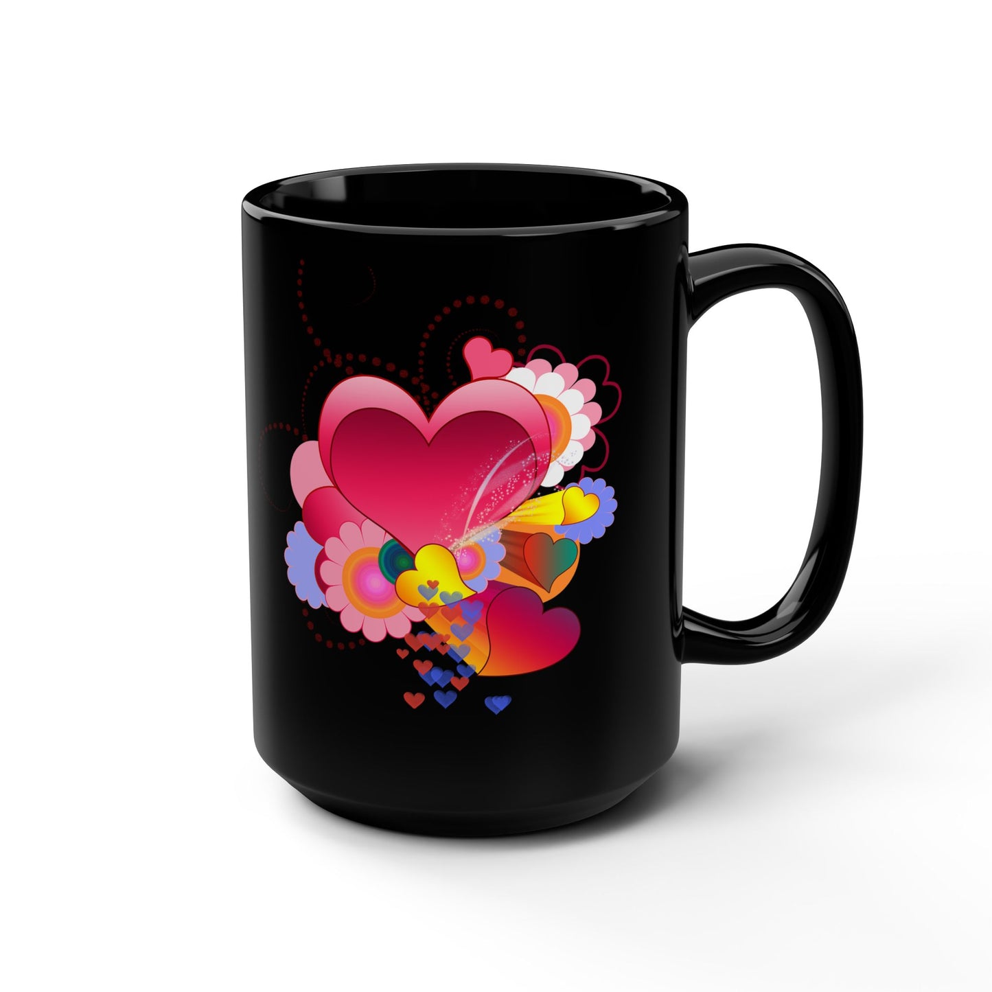 15oz Black Mug — Colorful Heart Floral Love Design