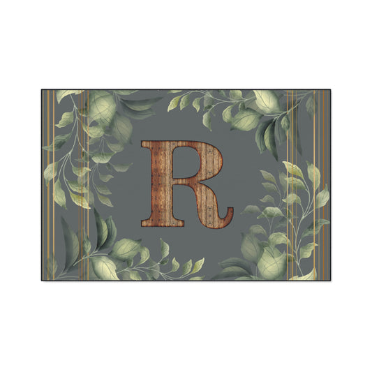 Personalized Monogram Floor Mat - Rustic Wood 'R' with Greenery Welcome Rug - Letter R