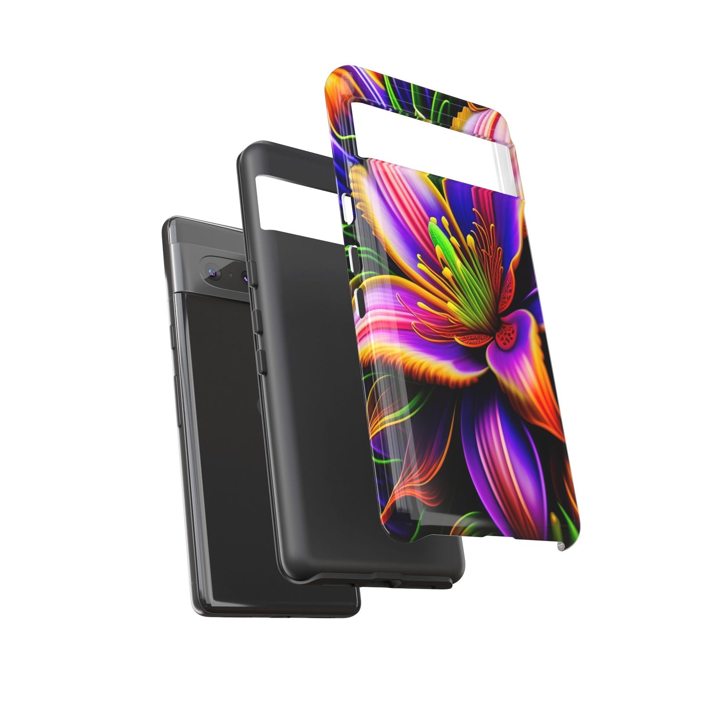 Floral Neon Tough Phone Case — Vivid Purple & Orange Lily Protective Cover